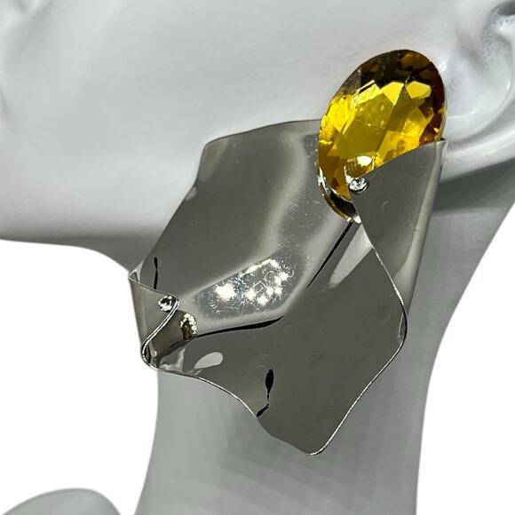 Modernist Sculptural Citrine Crystal Silver Statement Earring Avant-Garde Runway - Picture 4 of 12